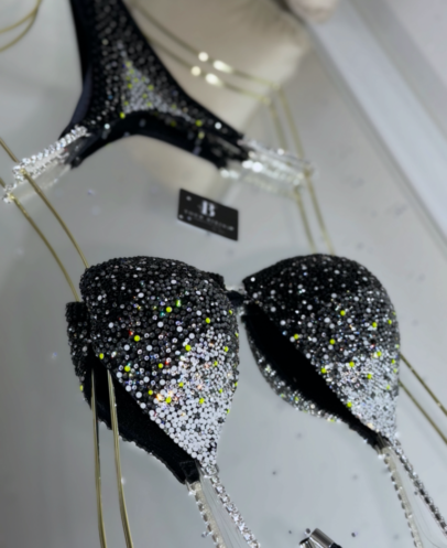 Black Crystal Competition Bikini – Ombré Luxury Stage Design | Your Bikini Black ombré crystal competition bikini with sparkle detail for bodybuilding stage