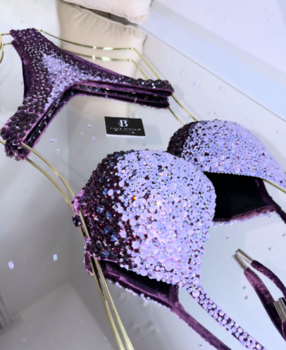 Purple ombré crystal competition bikini with sparkle detail for bodybuilding stage